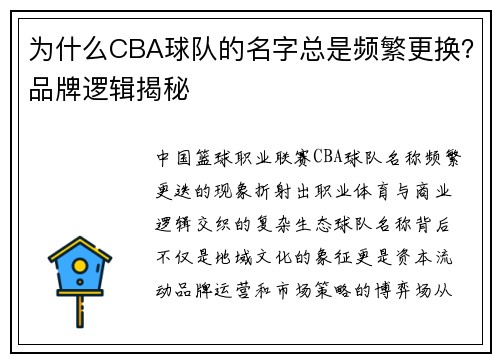 为什么CBA球队的名字总是频繁更换？品牌逻辑揭秘