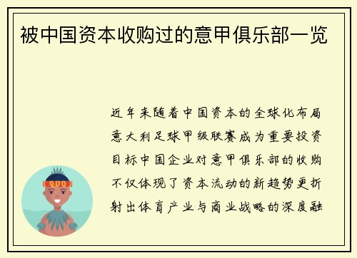 被中国资本收购过的意甲俱乐部一览
