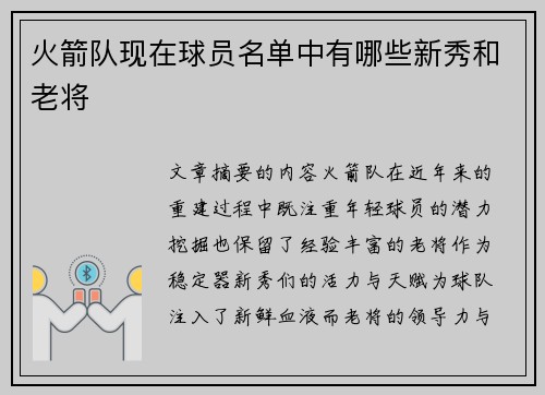 火箭队现在球员名单中有哪些新秀和老将
